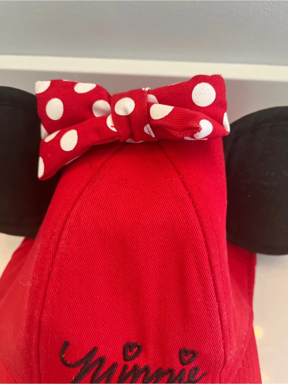 Disney Red Minnie Mouse Ear Cap with Black Ears and Polka Dot Bow
